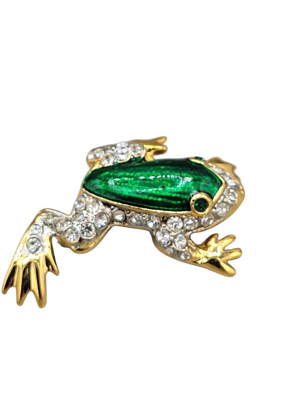 Vintage Frog Brooch Green Enamel Body Clear Rhinestone Accents Textured Feet